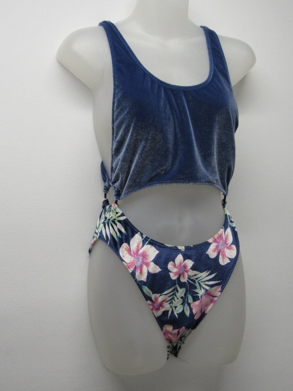 PINK Victoria's Secret Blue Floral Velvet Velour One Piece Cut Out Swim Suit M